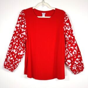 Chico's Pima Cotton Modal Puff Sleeve Top Red Love Print Blouse 2 L